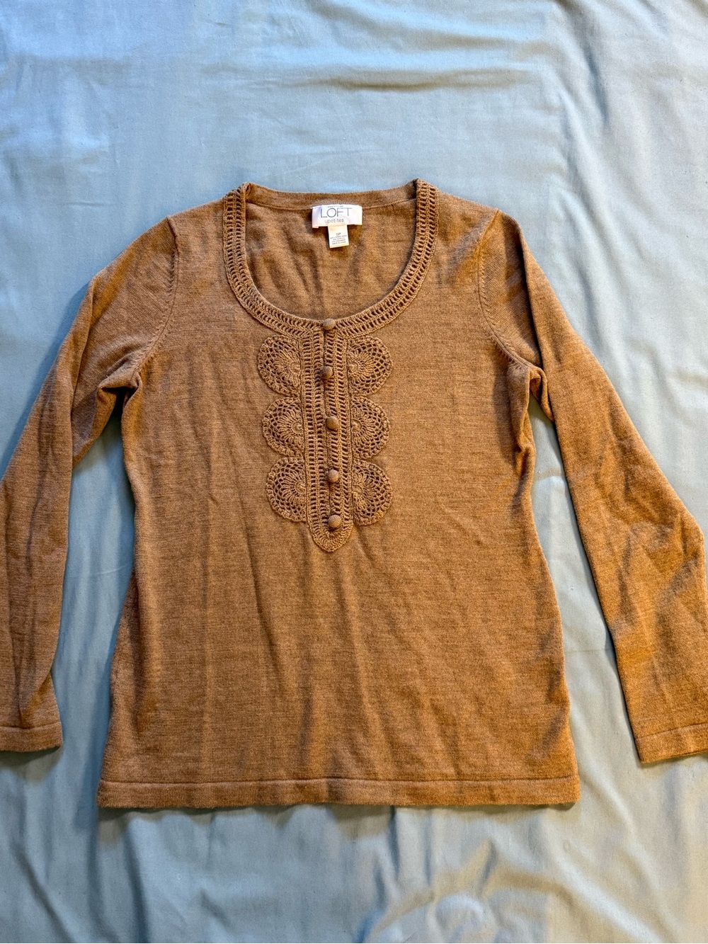 LOFT Brown Crochet-Front Long Sleeve Tee